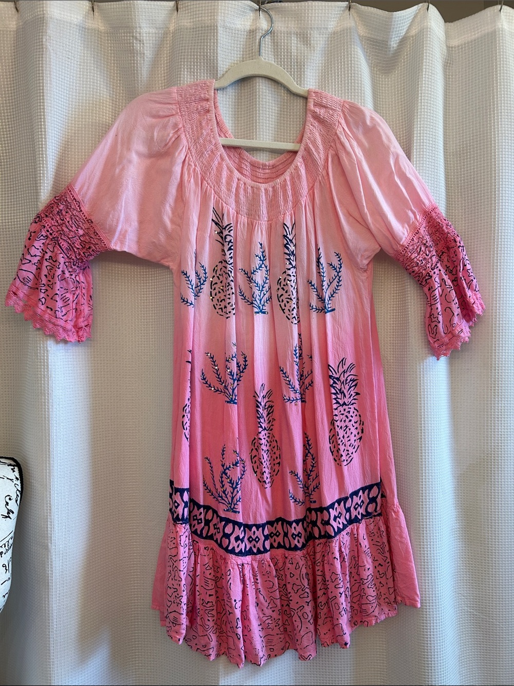 Ashley Taylor Pink Blue Printed Midi/Mini Dress, Pineapple, Coral, beads, lace